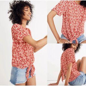 Madewell Crinkled Button-Back Tie Tee in Full Bloom Womens Size Medium Red Cream